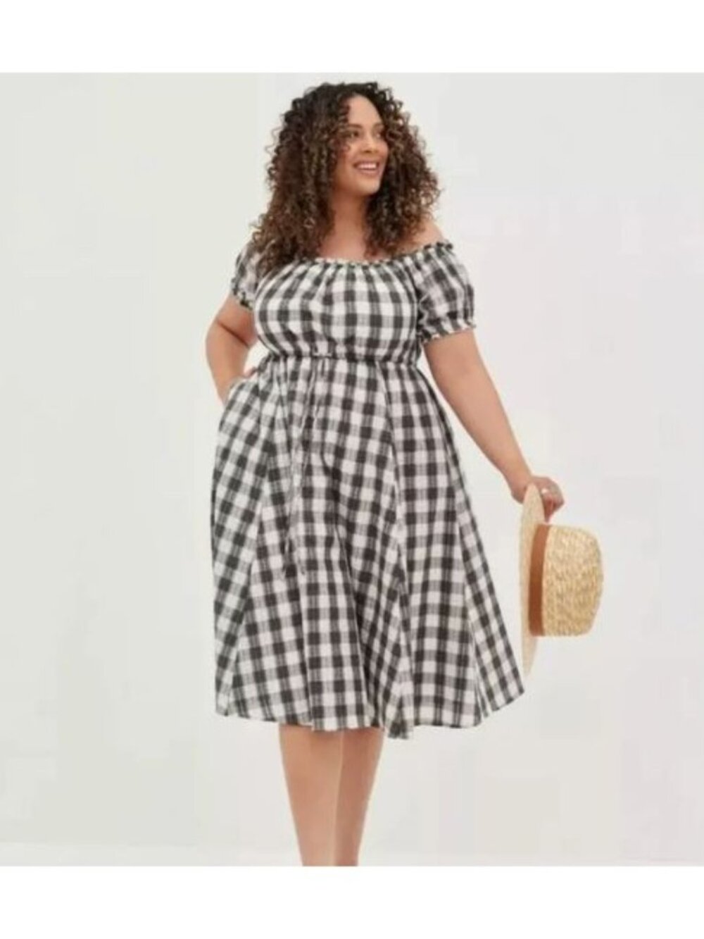 Torrid Gray Gingham Checkered Off Shoulder Midi Dress 1X